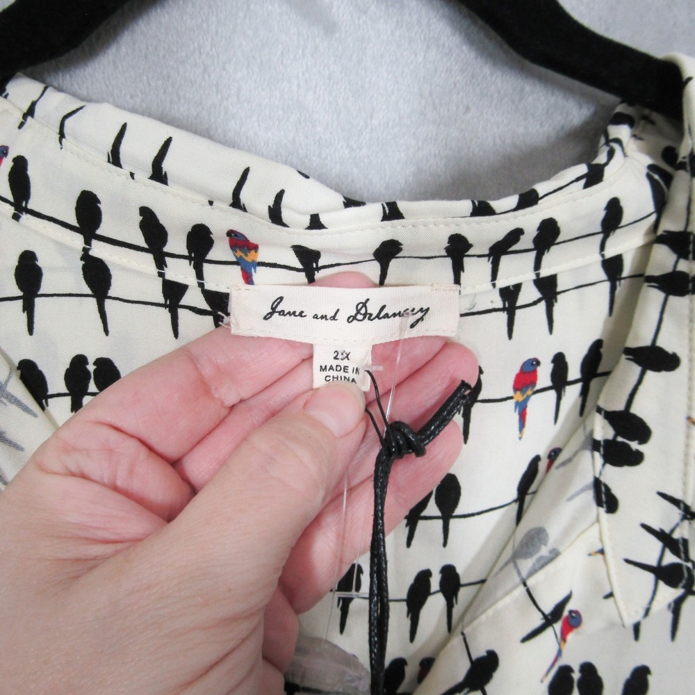 Jane and Delancey Bird Print Button Down Tunic Shirt Womens 2X Cream Rayon NWT - Picture 2 of 10